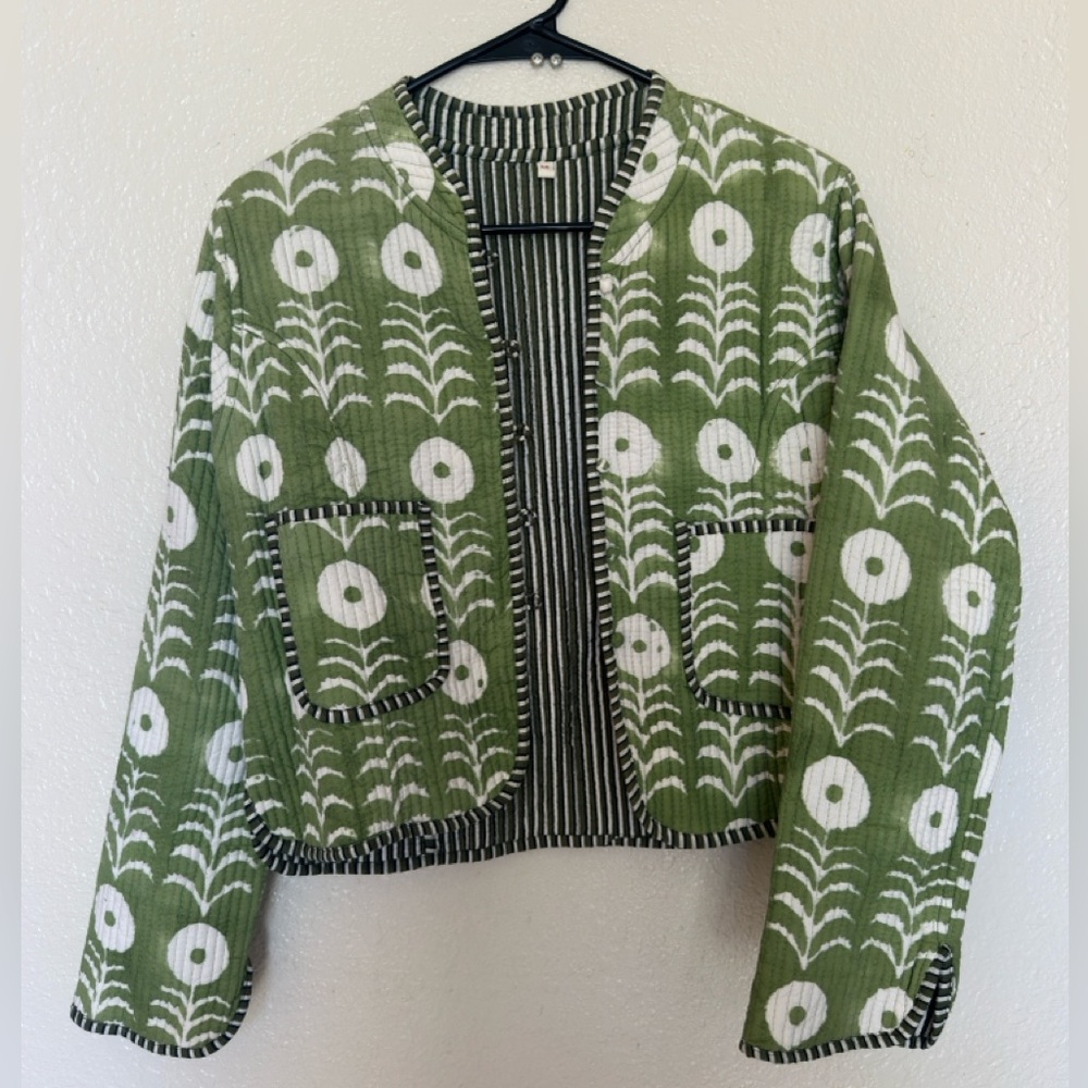 Green Floral Cotton Quilted Jacket